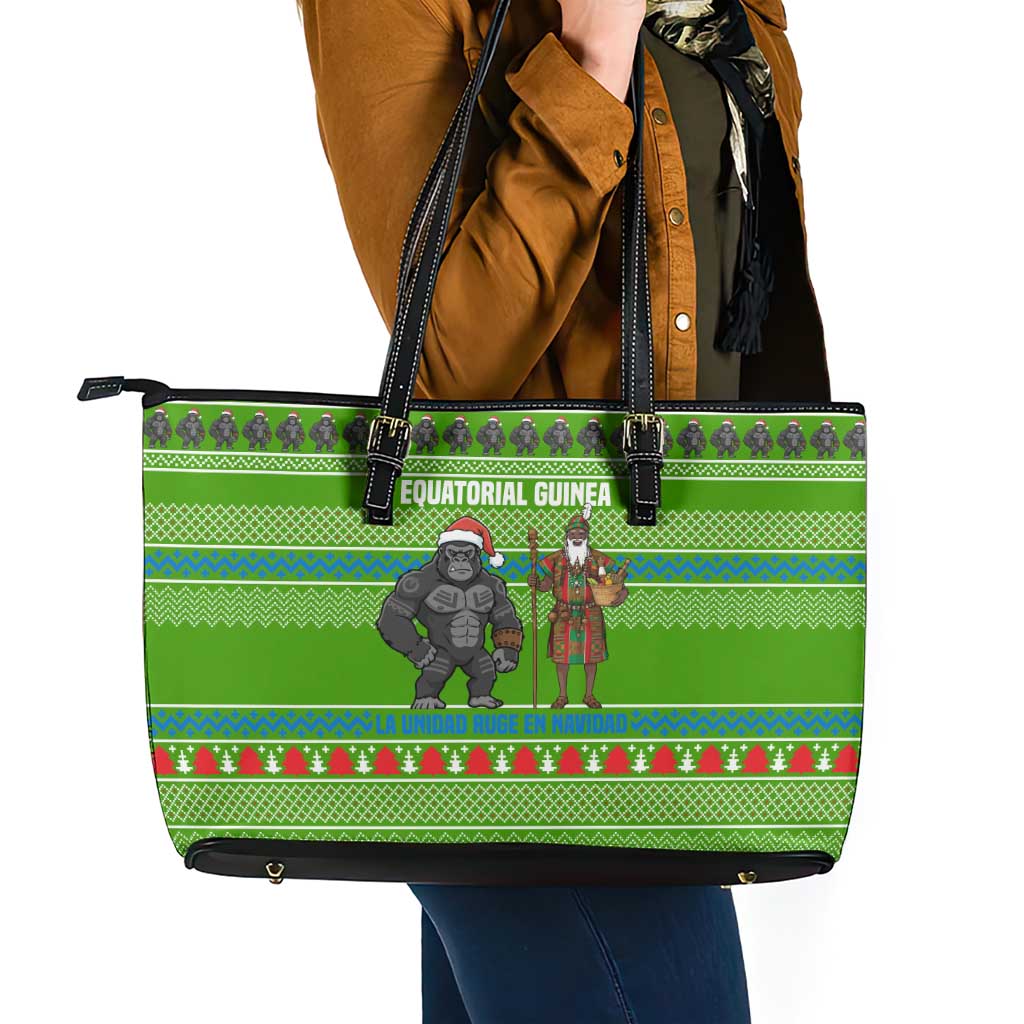 Equatorial Guinea Christmas Leather Tote Bag with Santa Gorilla Gift Basket and Green Holiday Pattern Design - Wonder Print Shop