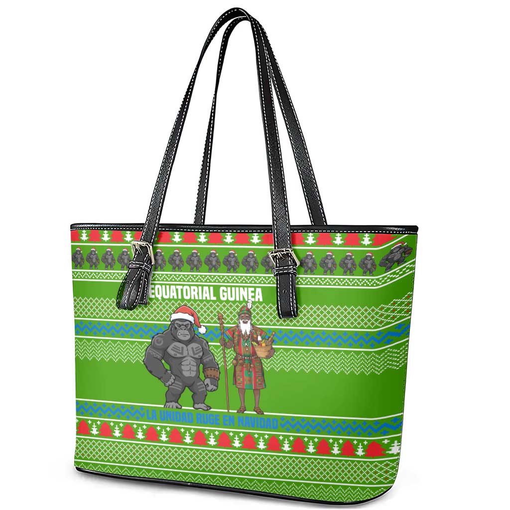 Equatorial Guinea Christmas Leather Tote Bag with Santa Gorilla Gift Basket and Green Holiday Pattern Design - Wonder Print Shop