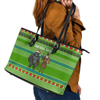 Equatorial Guinea Christmas Leather Tote Bag with Santa Gorilla Gift Basket and Green Holiday Pattern Design - Wonder Print Shop