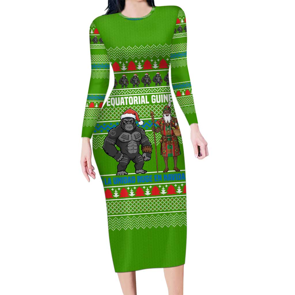 Equatorial Guinea Christmas Long Sleeve Bodycon Dress with Santa Gorilla Gift Basket and Green Holiday Pattern Design - Wonder Print Shop
