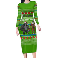 Equatorial Guinea Christmas Long Sleeve Bodycon Dress with Santa Gorilla Gift Basket and Green Holiday Pattern Design - Wonder Print Shop