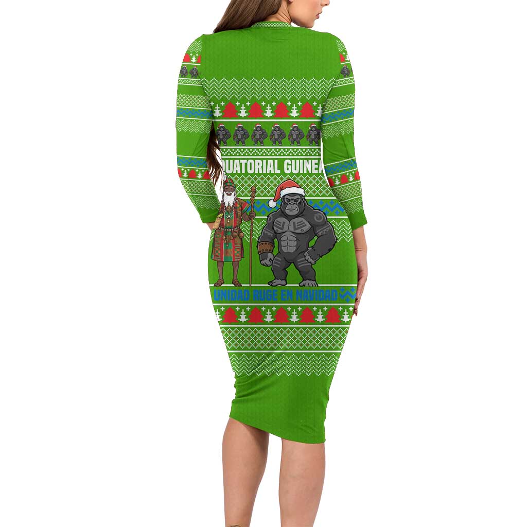 Equatorial Guinea Christmas Long Sleeve Bodycon Dress with Santa Gorilla Gift Basket and Green Holiday Pattern Design - Wonder Print Shop