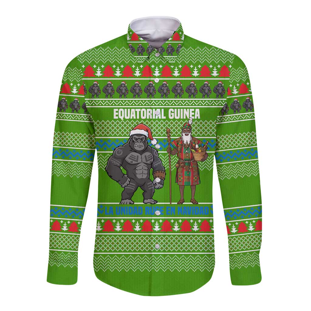 Equatorial Guinea Christmas Long Sleeve Button Shirt with Santa Gorilla Gift Basket and Green Holiday Pattern Design - Wonder Print Shop