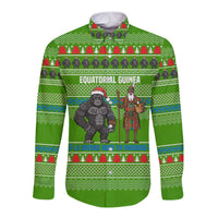 Equatorial Guinea Christmas Long Sleeve Button Shirt with Santa Gorilla Gift Basket and Green Holiday Pattern Design - Wonder Print Shop