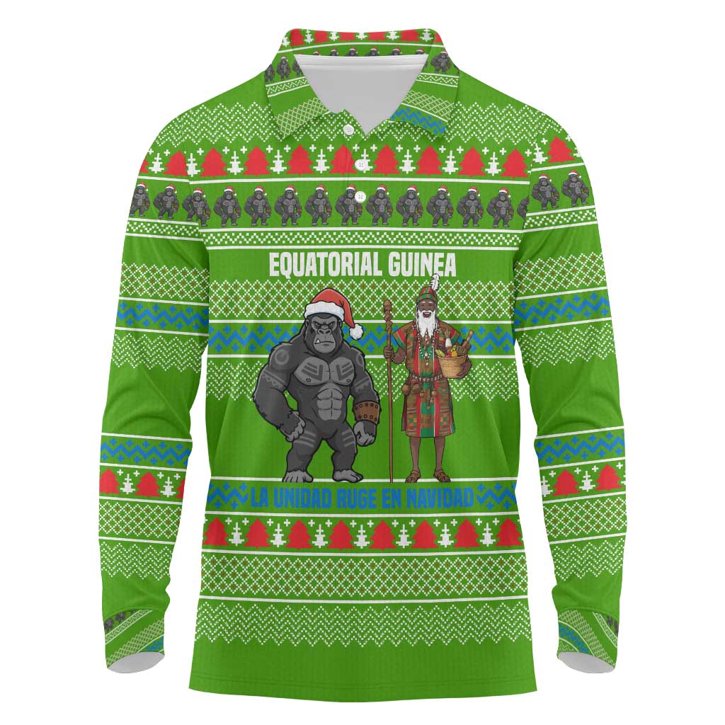 Equatorial Guinea Christmas Long Sleeve Polo Shirt with Santa Gorilla Gift Basket and Green Holiday Pattern Design - Wonder Print Shop