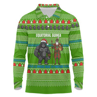 Equatorial Guinea Christmas Long Sleeve Polo Shirt with Santa Gorilla Gift Basket and Green Holiday Pattern Design - Wonder Print Shop