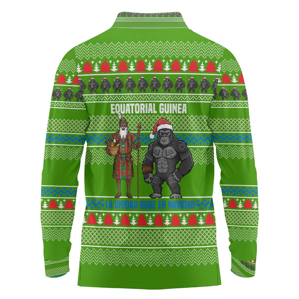 Equatorial Guinea Christmas Long Sleeve Polo Shirt with Santa Gorilla Gift Basket and Green Holiday Pattern Design - Wonder Print Shop