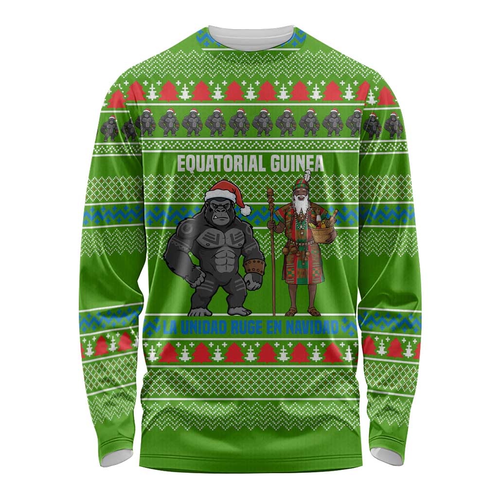 Equatorial Guinea Christmas Long Sleeve Shirt with Santa Gorilla Gift Basket and Green Holiday Pattern Design - Wonder Print Shop