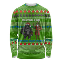 Equatorial Guinea Christmas Long Sleeve Shirt with Santa Gorilla Gift Basket and Green Holiday Pattern Design - Wonder Print Shop