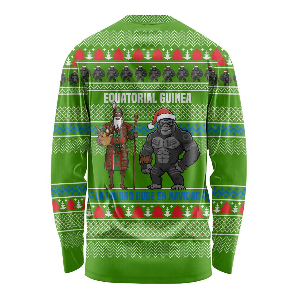 Equatorial Guinea Christmas Long Sleeve Shirt with Santa Gorilla Gift Basket and Green Holiday Pattern Design - Wonder Print Shop
