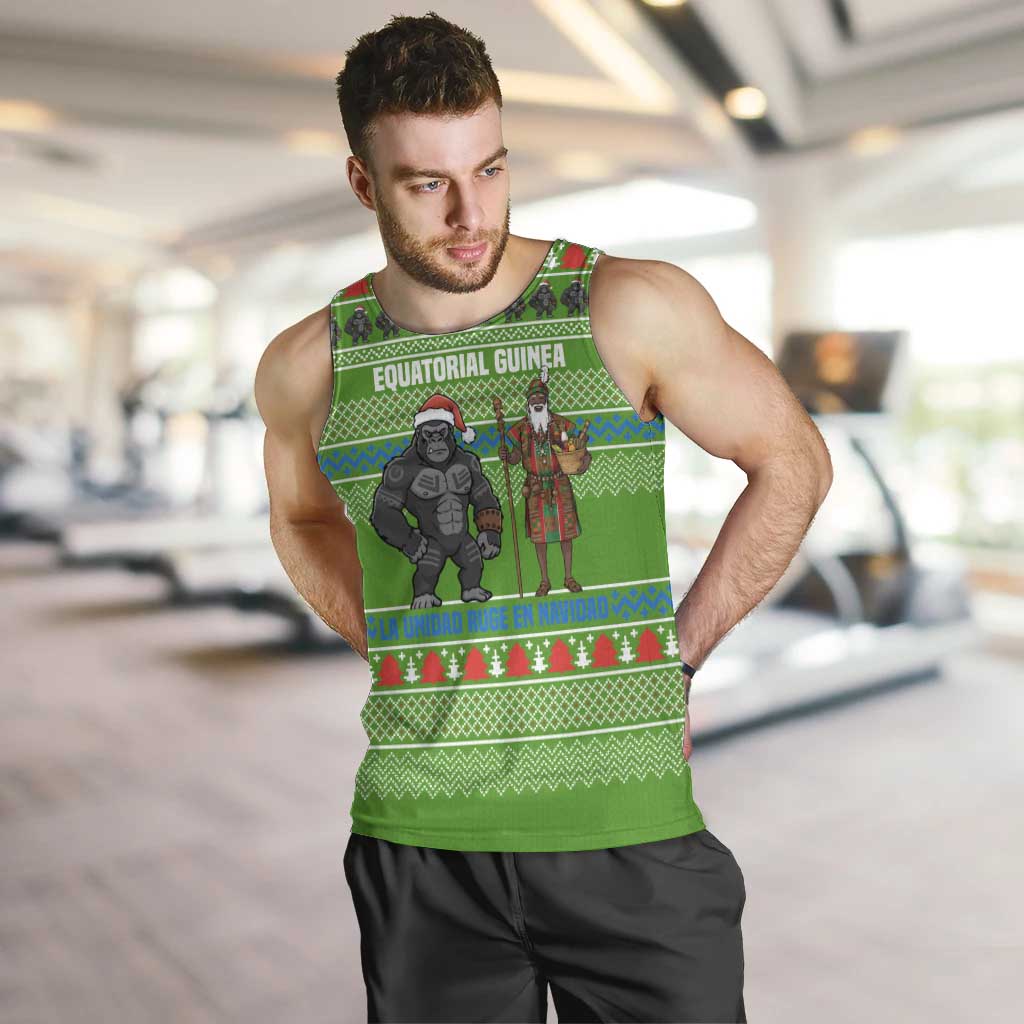 Equatorial Guinea Christmas Men Tank Top with Santa Gorilla Gift Basket and Green Holiday Pattern Design - Wonder Print Shop
