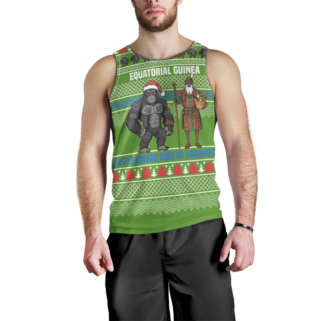 Equatorial Guinea Christmas Men Tank Top with Santa Gorilla Gift Basket and Green Holiday Pattern Design - Wonder Print Shop