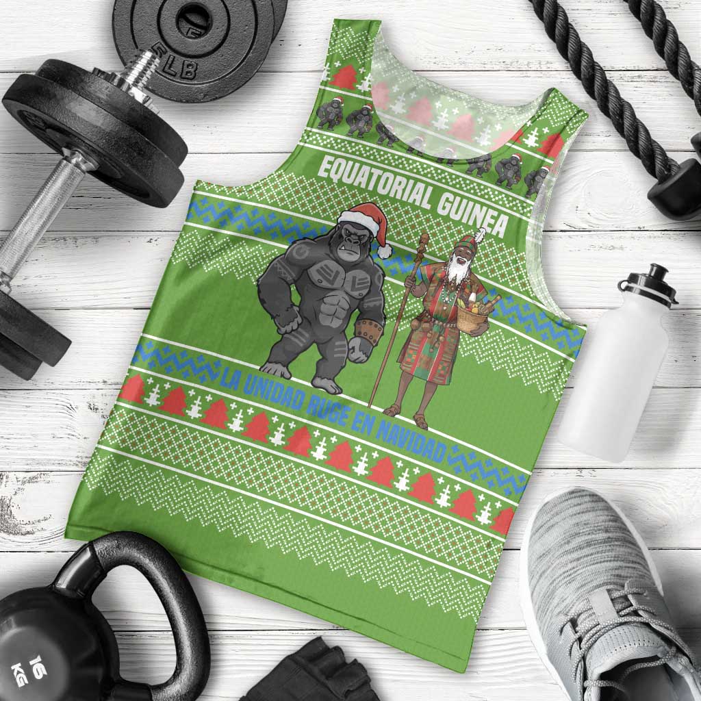Equatorial Guinea Christmas Men Tank Top with Santa Gorilla Gift Basket and Green Holiday Pattern Design - Wonder Print Shop