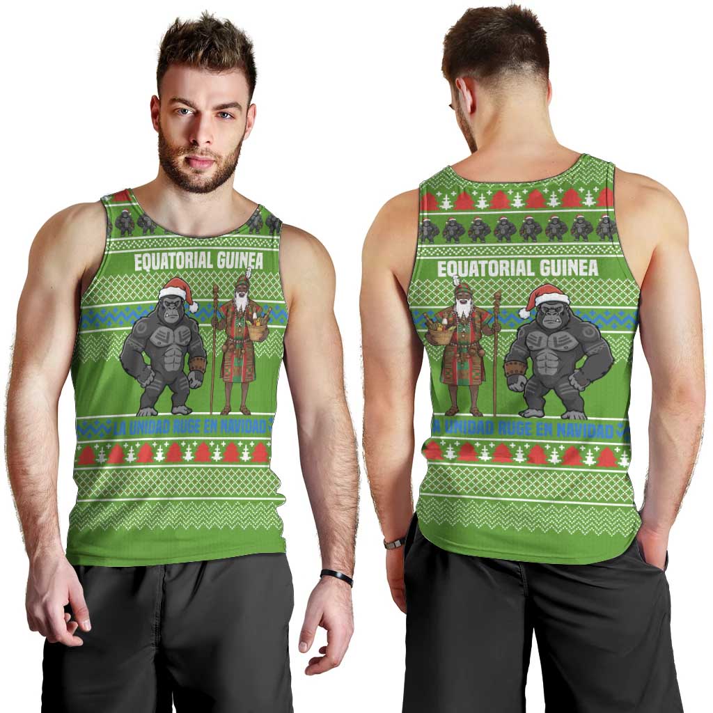 Equatorial Guinea Christmas Men Tank Top with Santa Gorilla Gift Basket and Green Holiday Pattern Design - Wonder Print Shop