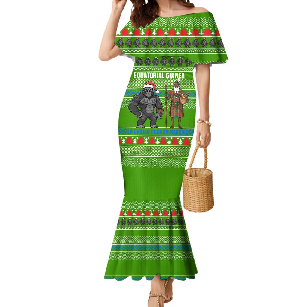 Equatorial Guinea Christmas Mermaid Dress with Santa Gorilla Gift Basket and Green Holiday Pattern Design - Wonder Print Shop
