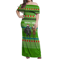 Equatorial Guinea Christmas Off Shoulder Maxi Dress with Santa Gorilla Gift Basket and Green Holiday Pattern Design - Wonder Print Shop