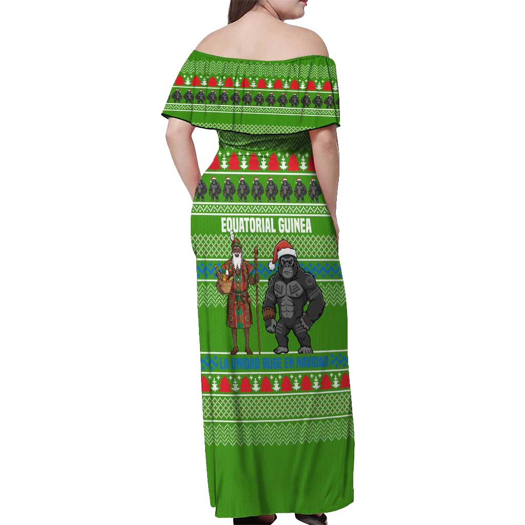Equatorial Guinea Christmas Off Shoulder Maxi Dress with Santa Gorilla Gift Basket and Green Holiday Pattern Design - Wonder Print Shop