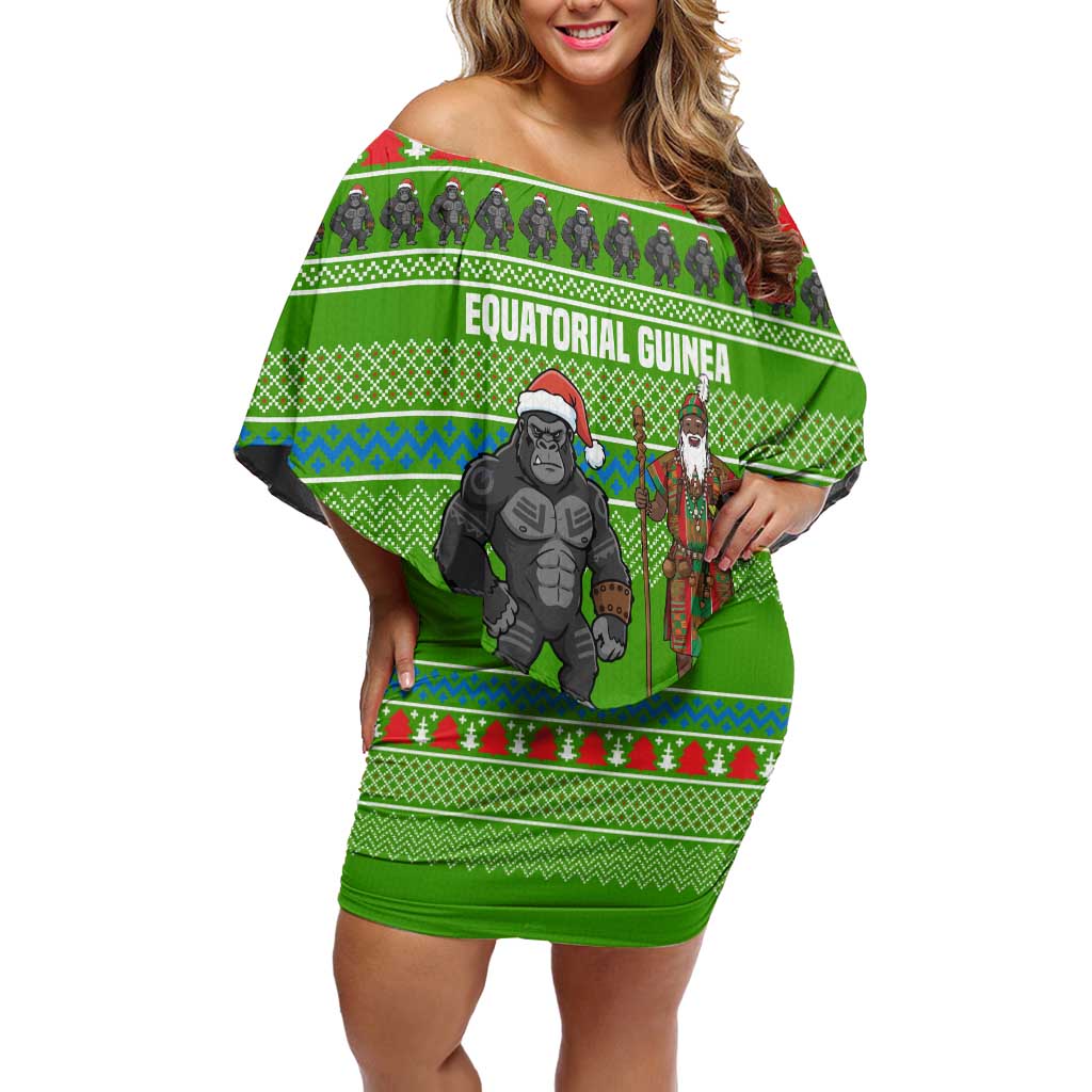 Equatorial Guinea Christmas Off Shoulder Short Dress with Santa Gorilla Gift Basket and Green Holiday Pattern Design - Wonder Print Shop