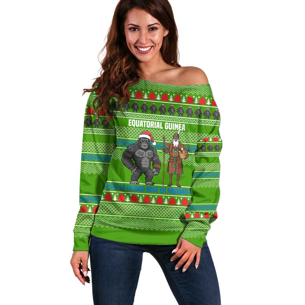 Equatorial Guinea Christmas Off Shoulder Sweater with Santa Gorilla Gift Basket and Green Holiday Pattern Design - Wonder Print Shop