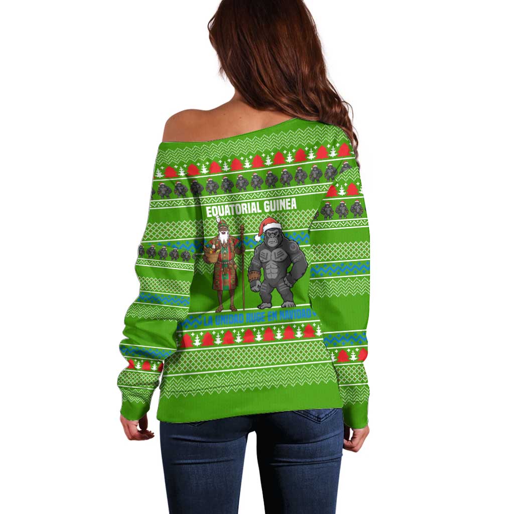 Equatorial Guinea Christmas Off Shoulder Sweater with Santa Gorilla Gift Basket and Green Holiday Pattern Design - Wonder Print Shop