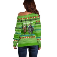 Equatorial Guinea Christmas Off Shoulder Sweater with Santa Gorilla Gift Basket and Green Holiday Pattern Design - Wonder Print Shop