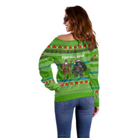 Equatorial Guinea Christmas Off Shoulder Sweater with Santa Gorilla Gift Basket and Green Holiday Pattern Design - Wonder Print Shop