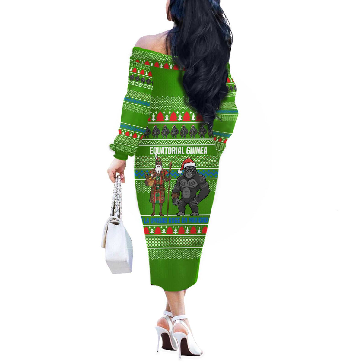 Equatorial Guinea Christmas Off The Shoulder Long Sleeve Dress with Santa Gorilla Gift Basket and Green Holiday Pattern Design - Wonder Print Shop