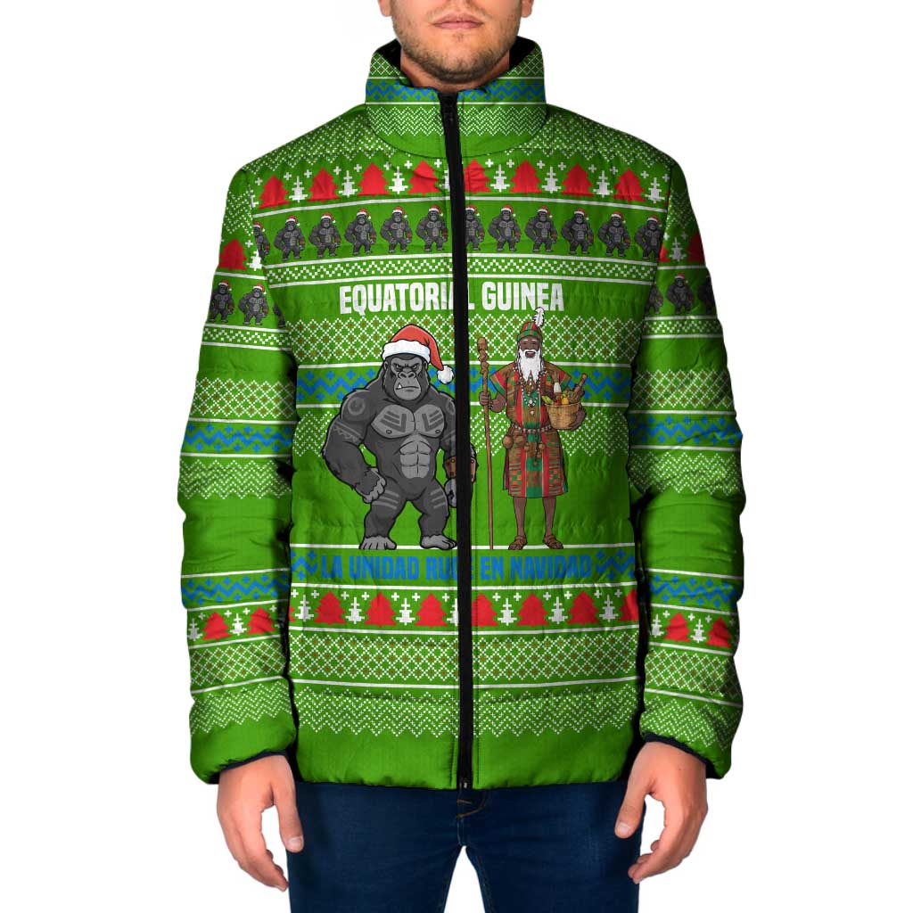 Equatorial Guinea Christmas Padded Jacket with Santa Gorilla Gift Basket and Green Holiday Pattern Design - Wonder Print Shop