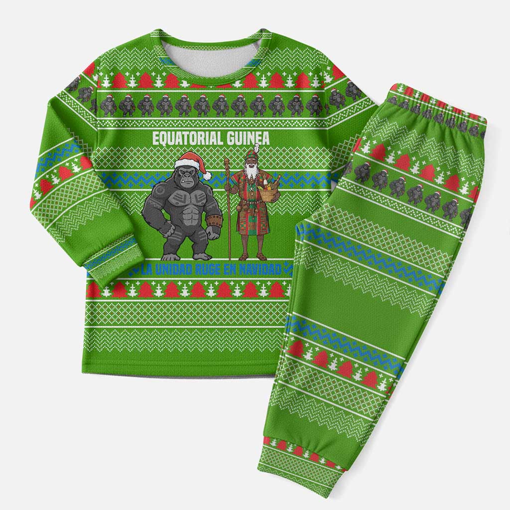 Equatorial Guinea Christmas Pajama Set with Santa Gorilla Gift Basket and Green Holiday Pattern Design - Wonder Print Shop