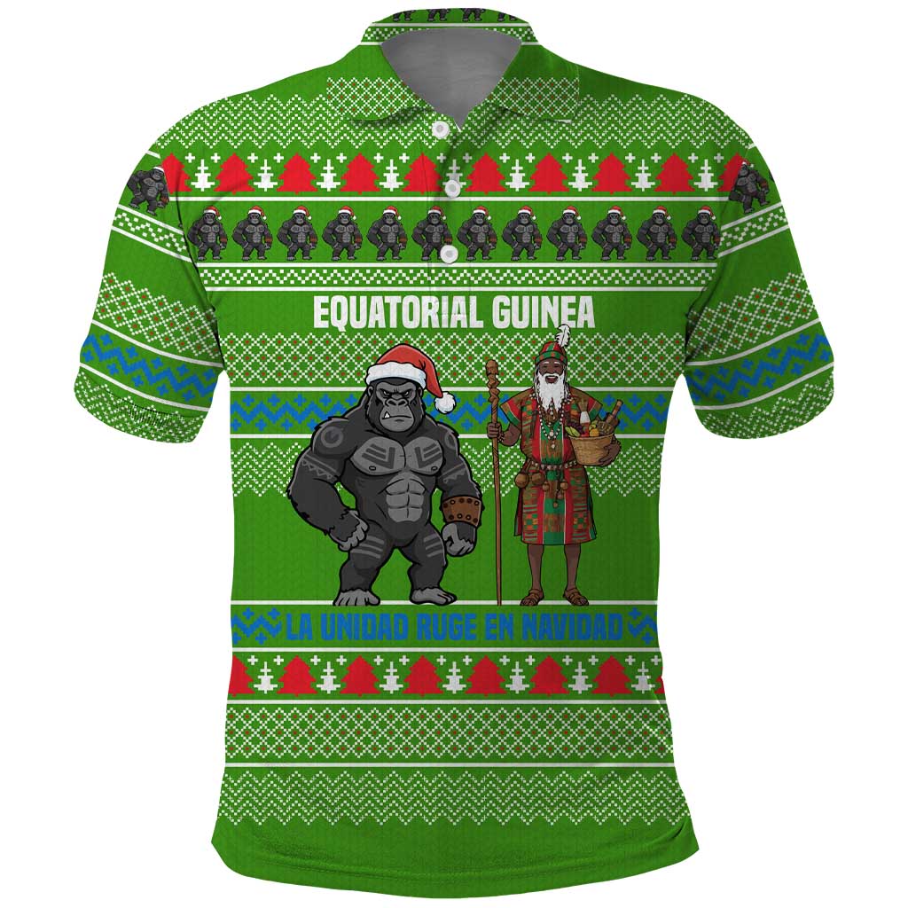 Equatorial Guinea Christmas Polo Shirt with Santa Gorilla Gift Basket and Green Holiday Pattern Design - Wonder Print Shop