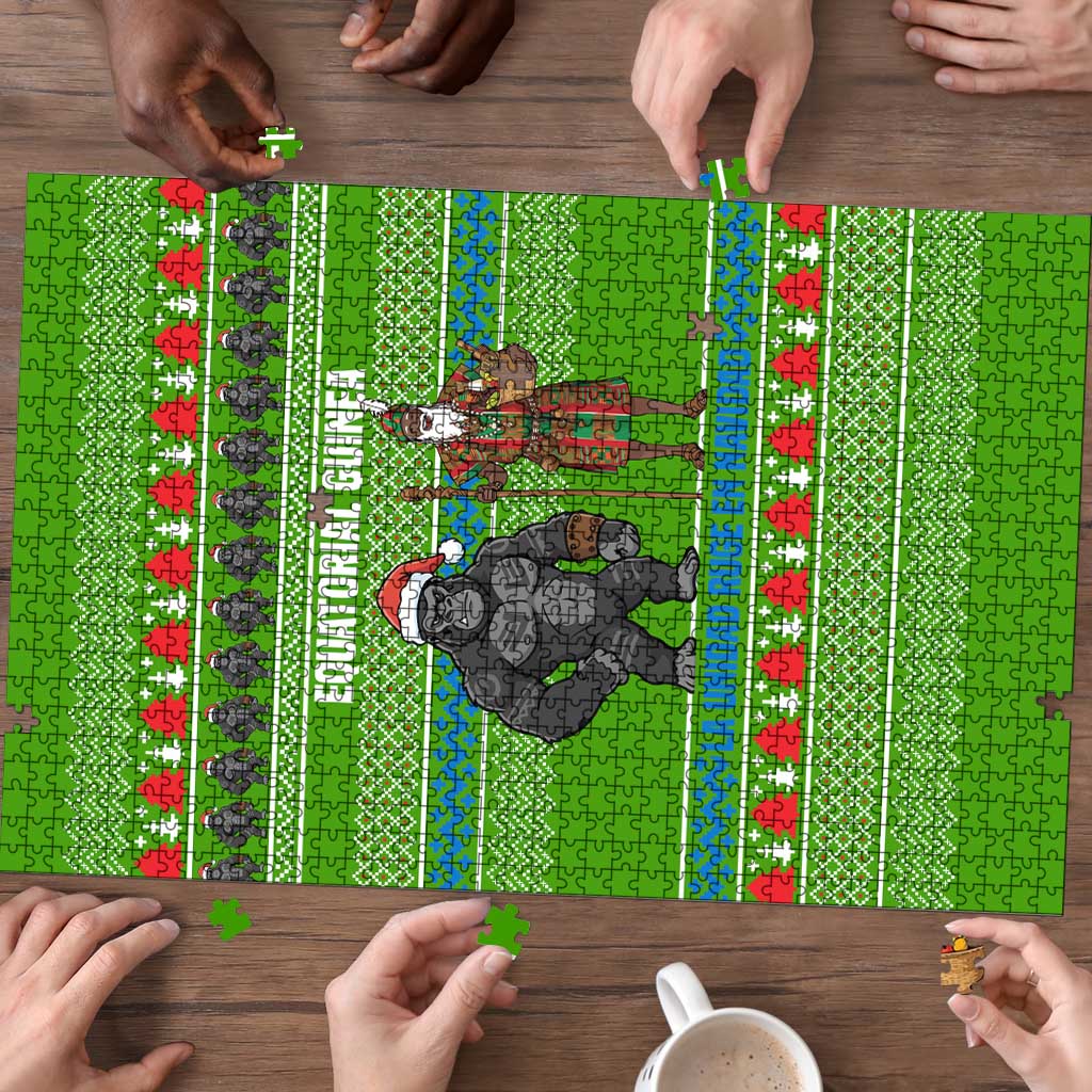Equatorial Guinea Christmas Puzzle with Santa Gorilla Gift Basket and Green Holiday Pattern Design - Wonder Print Shop