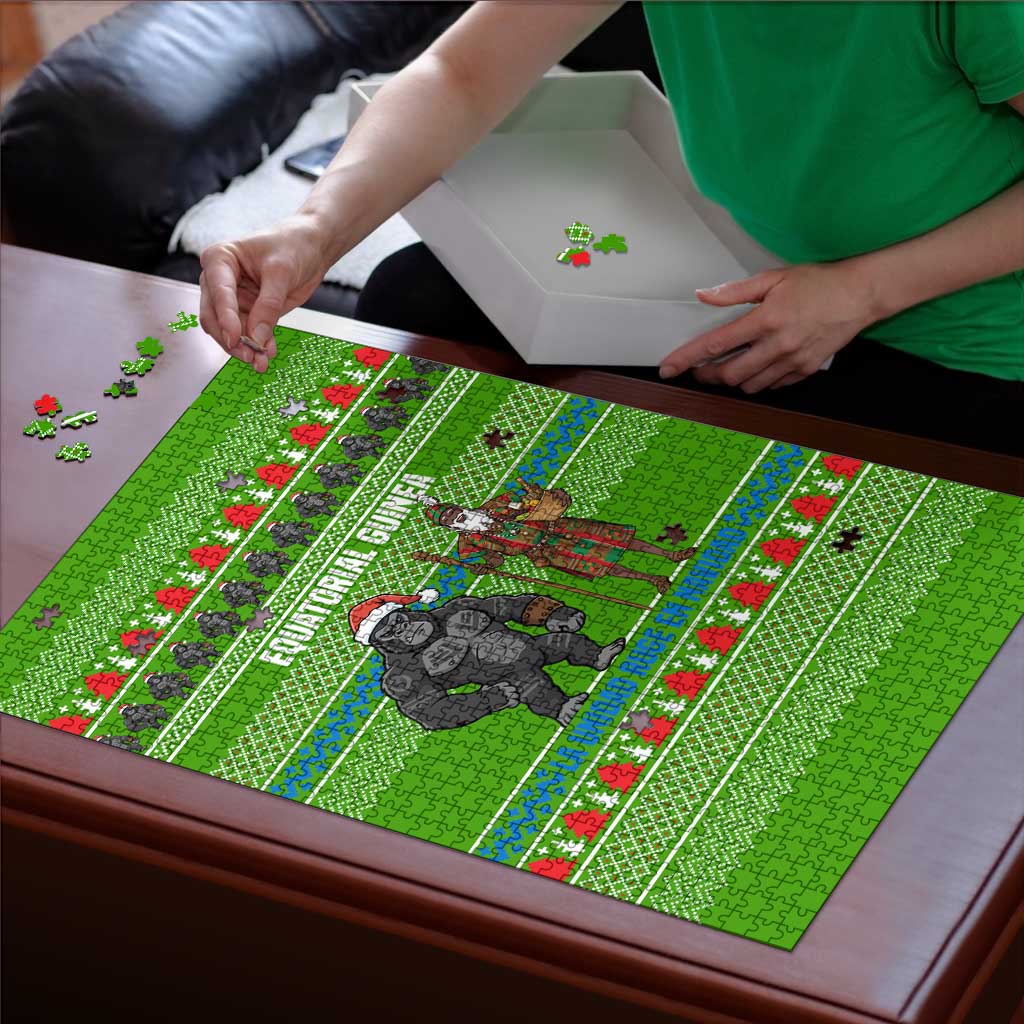 Equatorial Guinea Christmas Puzzle with Santa Gorilla Gift Basket and Green Holiday Pattern Design - Wonder Print Shop