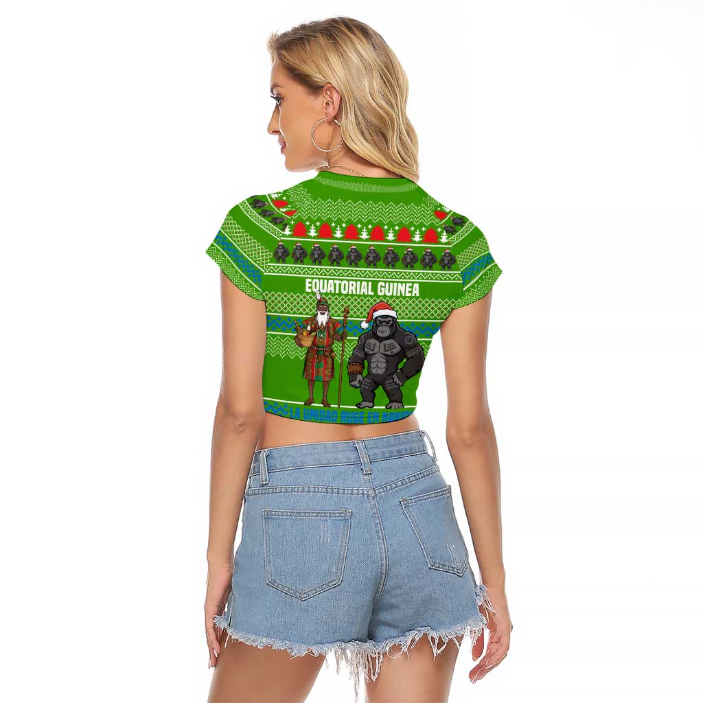 Equatorial Guinea Christmas Raglan Cropped T Shirt with Santa Gorilla Gift Basket and Green Holiday Pattern Design - Wonder Print Shop