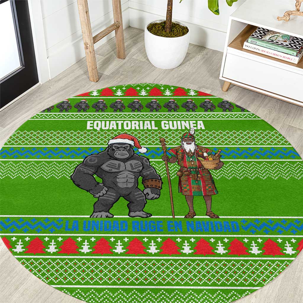 Equatorial Guinea Christmas Round Carpet with Santa Gorilla Gift Basket and Green Holiday Pattern Design - Wonder Print Shop