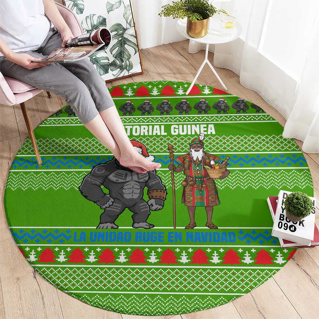 Equatorial Guinea Christmas Round Carpet with Santa Gorilla Gift Basket and Green Holiday Pattern Design - Wonder Print Shop