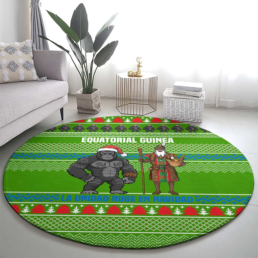 Equatorial Guinea Christmas Round Carpet with Santa Gorilla Gift Basket and Green Holiday Pattern Design - Wonder Print Shop