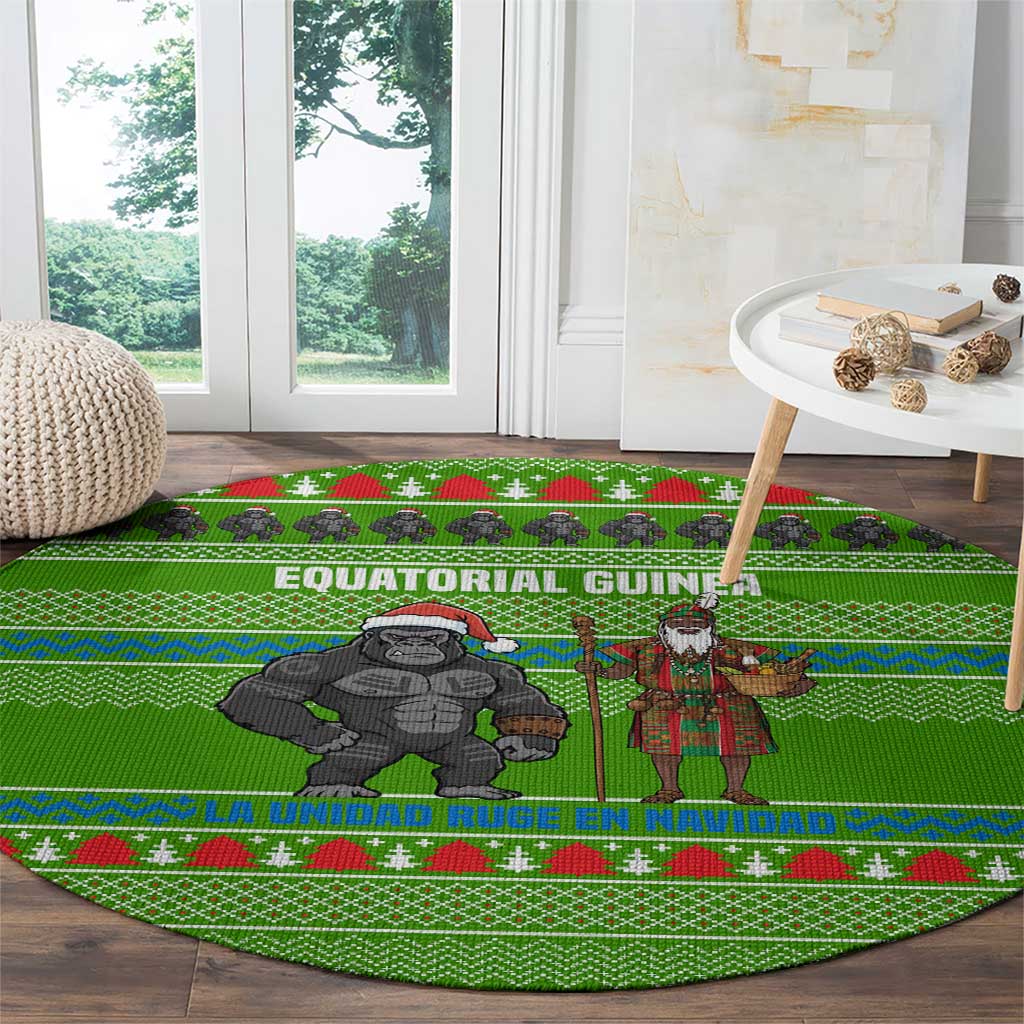 Equatorial Guinea Christmas Round Carpet with Santa Gorilla Gift Basket and Green Holiday Pattern Design - Wonder Print Shop