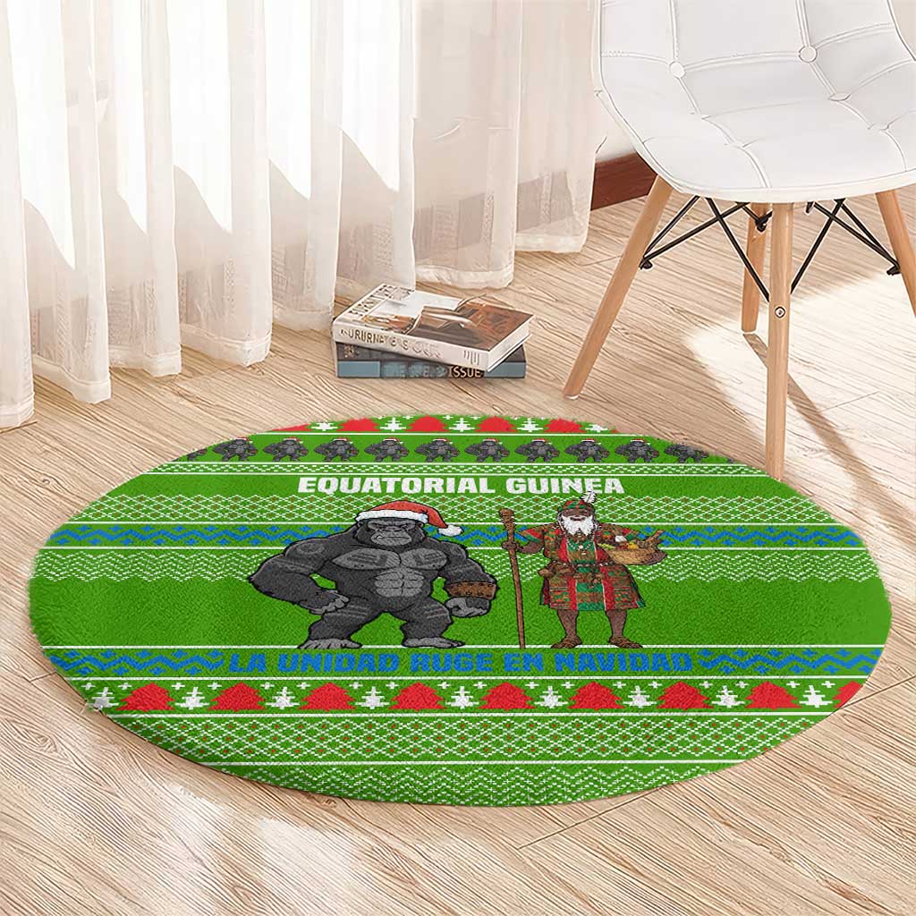 Equatorial Guinea Christmas Round Carpet with Santa Gorilla Gift Basket and Green Holiday Pattern Design - Wonder Print Shop