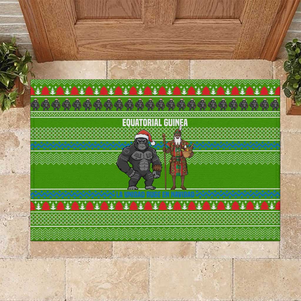 Equatorial Guinea Christmas Rubber Doormat with Santa Gorilla Gift Basket and Green Holiday Pattern Design - Wonder Print Shop