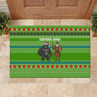 Equatorial Guinea Christmas Rubber Doormat with Santa Gorilla Gift Basket and Green Holiday Pattern Design - Wonder Print Shop