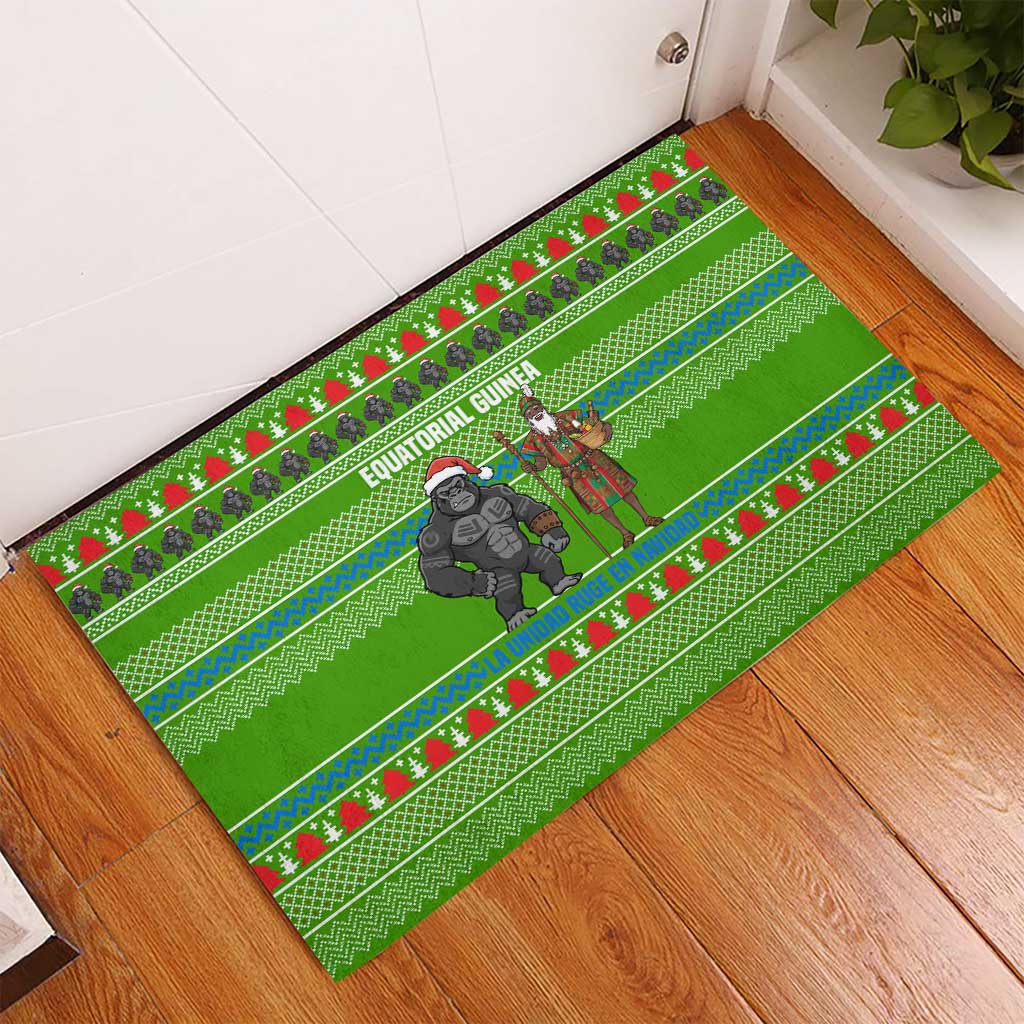 Equatorial Guinea Christmas Rubber Doormat with Santa Gorilla Gift Basket and Green Holiday Pattern Design - Wonder Print Shop