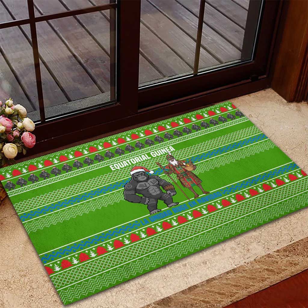 Equatorial Guinea Christmas Rubber Doormat with Santa Gorilla Gift Basket and Green Holiday Pattern Design - Wonder Print Shop