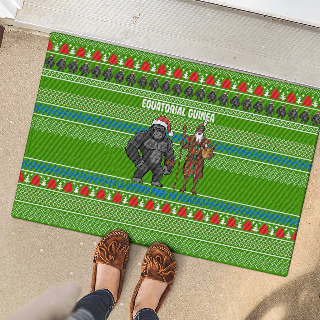 Equatorial Guinea Christmas Rubber Doormat with Santa Gorilla Gift Basket and Green Holiday Pattern Design - Wonder Print Shop