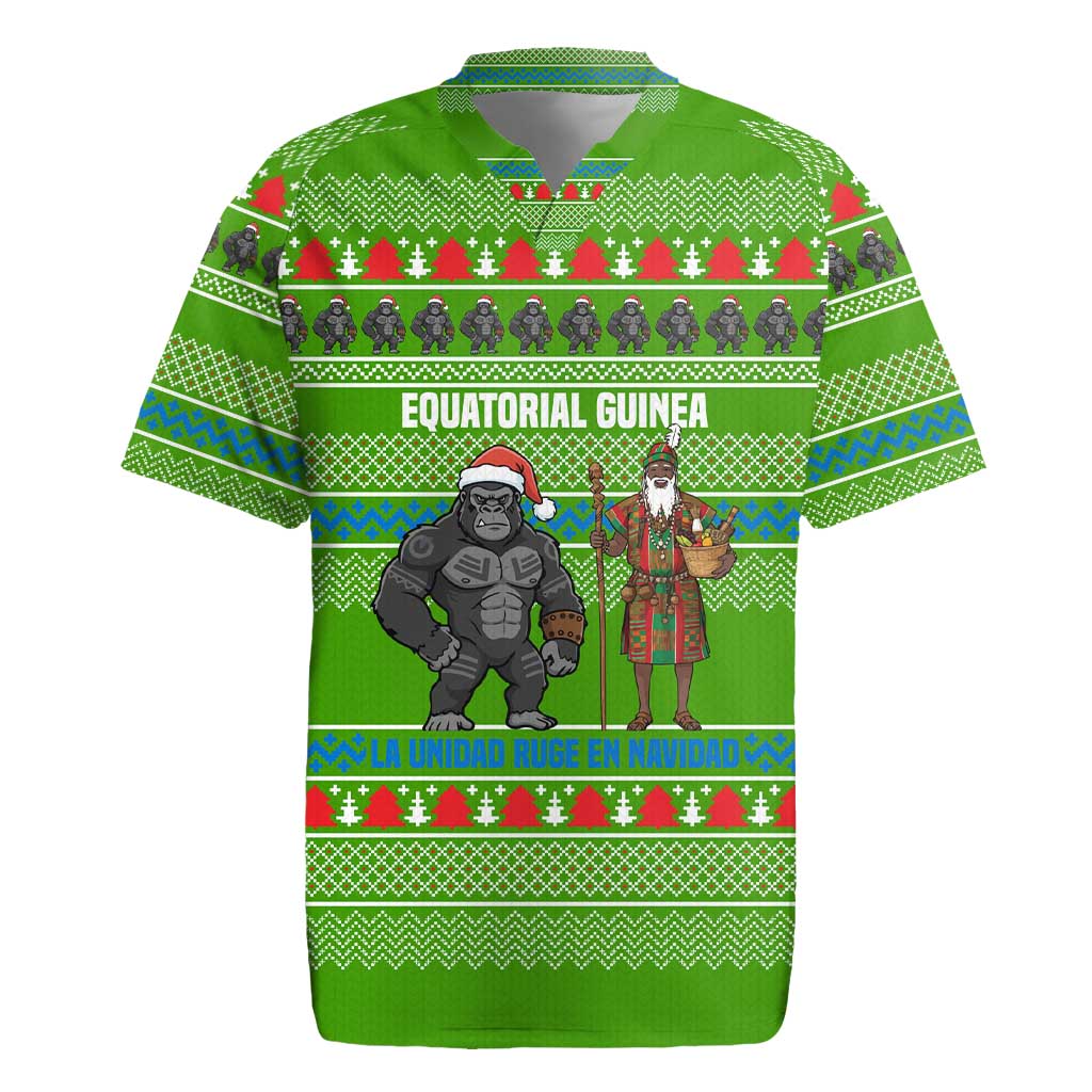 Equatorial Guinea Christmas Rugby Jersey with Santa Gorilla Gift Basket and Green Holiday Pattern Design - Wonder Print Shop