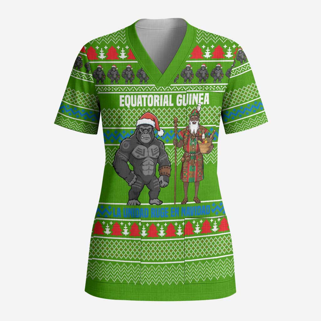 Equatorial Guinea Christmas Scrub Top with Santa Gorilla Gift Basket and Green Holiday Pattern Design - Wonder Print Shop