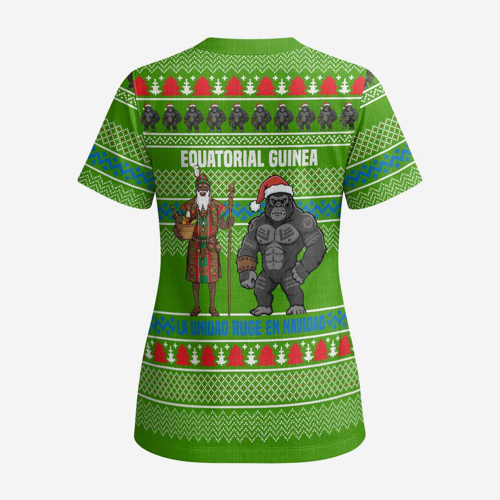 Equatorial Guinea Christmas Scrub Top with Santa Gorilla Gift Basket and Green Holiday Pattern Design - Wonder Print Shop