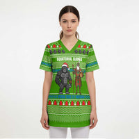 Equatorial Guinea Christmas Scrub Top with Santa Gorilla Gift Basket and Green Holiday Pattern Design - Wonder Print Shop