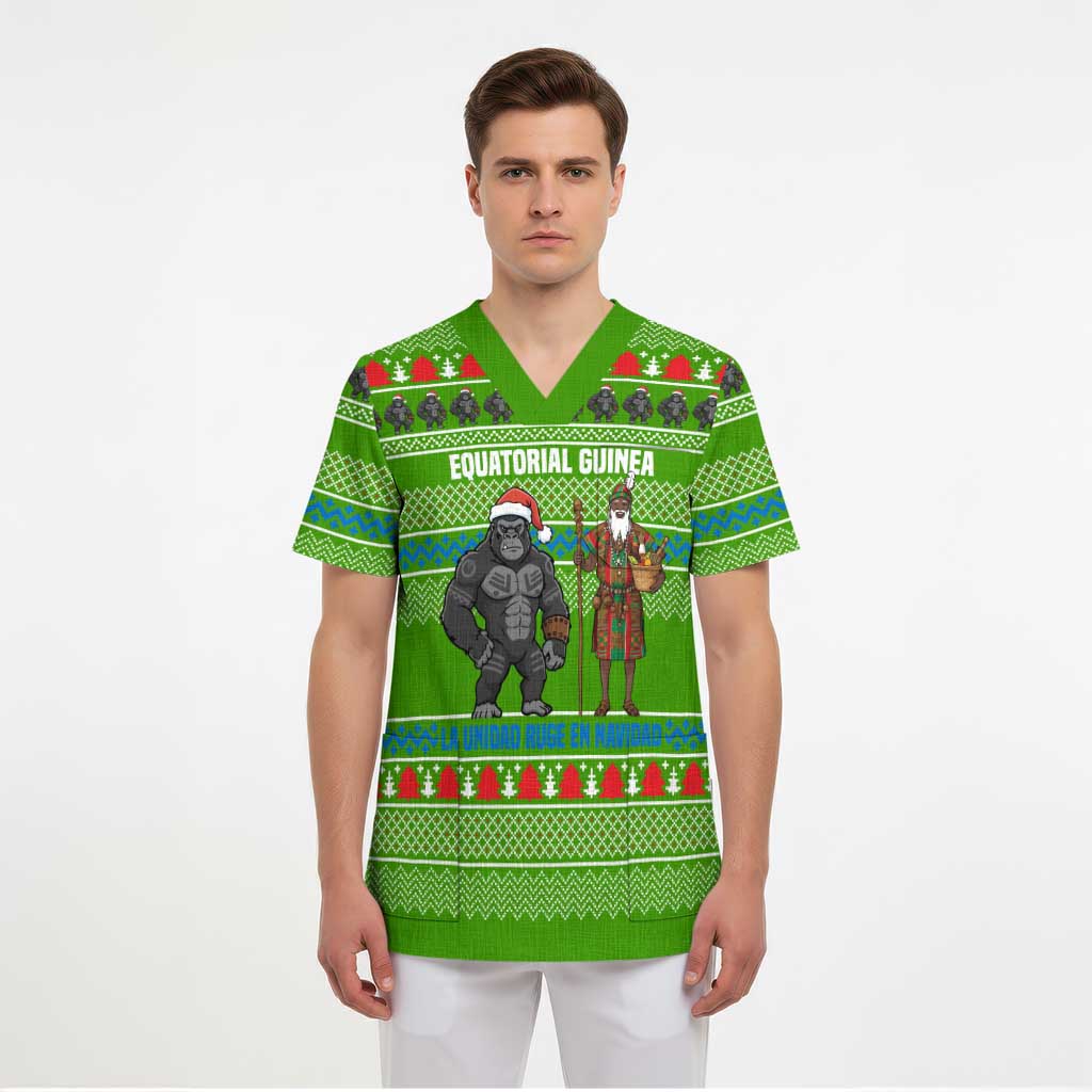 Equatorial Guinea Christmas Scrub Top with Santa Gorilla Gift Basket and Green Holiday Pattern Design - Wonder Print Shop