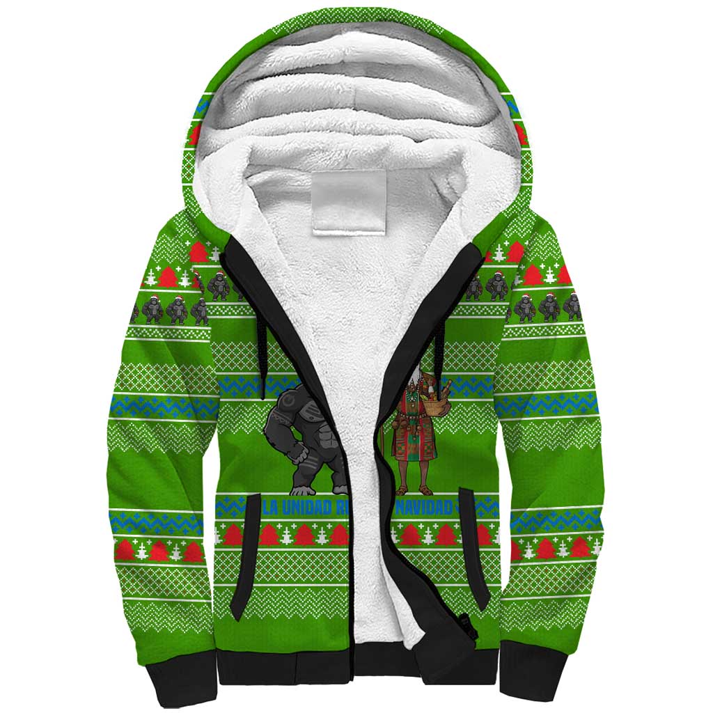 Equatorial Guinea Christmas Sherpa Hoodie with Santa Gorilla Gift Basket and Green Holiday Pattern Design - Wonder Print Shop
