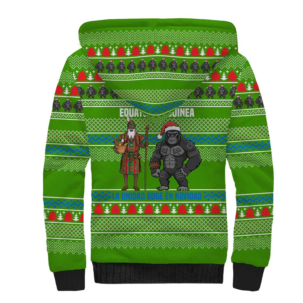 Equatorial Guinea Christmas Sherpa Hoodie with Santa Gorilla Gift Basket and Green Holiday Pattern Design - Wonder Print Shop